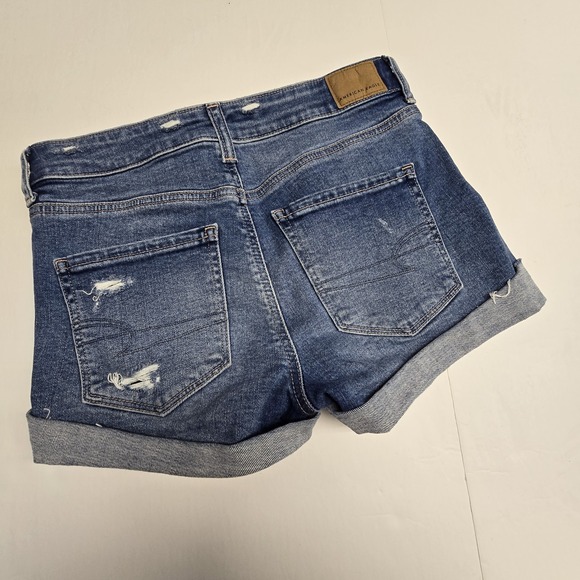 American Eagle Shortie Short Womens Size 4 Hi Rise Blue Cuffed Distressed Denim - Picture 9 of 14